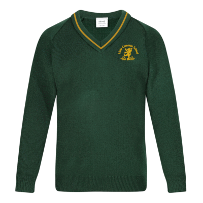 Frontal view of the Little Common Primary School bottle green knitted jumper with golden colour piping following the v-neck. The school's logo can be seen embroidered on the left sode of the garment as worn.