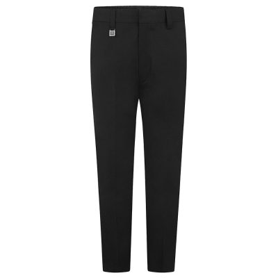 Frontal view of slim fit boys trousers in black