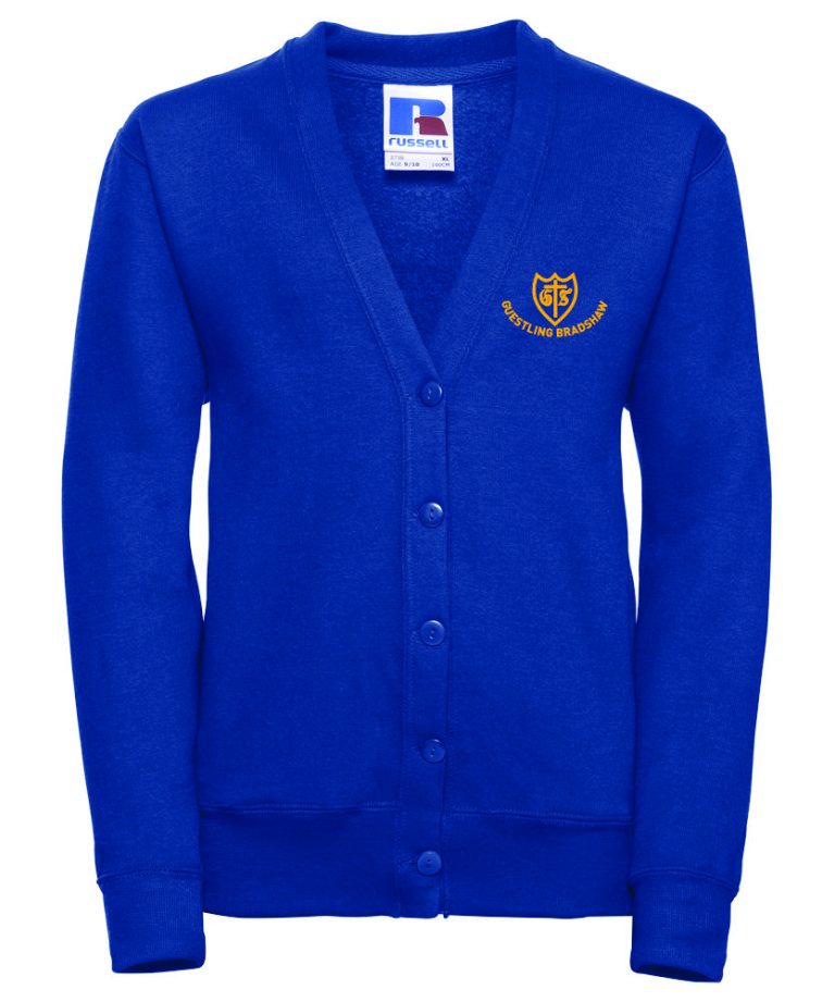 Frontal view of the Guestling Bradshaw Primary School royal blue cardigan