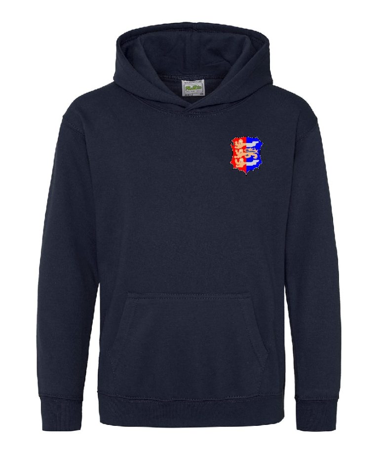 Frontal view of the Hastings Athletic kids' hoodie in navy with the club crest.