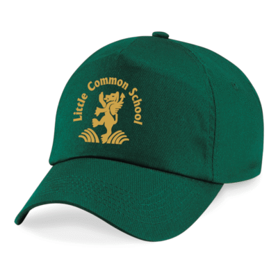 Frontal side-on view of the Little Common bottle green summer cap. The school's logo can be seen printed on the front.