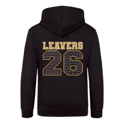 Rear view of the deep black colour 2026 leavers' hoodie for Little Common School. The "LEAVERS 26" design can be seen accross the back.