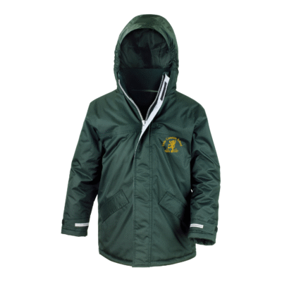 Frontal view of the Little Common School bottle green winter coat with the school's logo embroidered on the left breast.