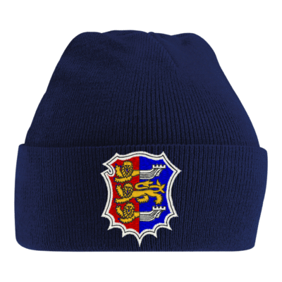 Frontal view fo the Hastings Athletic Club kids' beanie. It is a navy beanie with the club crest embroidered on the front.